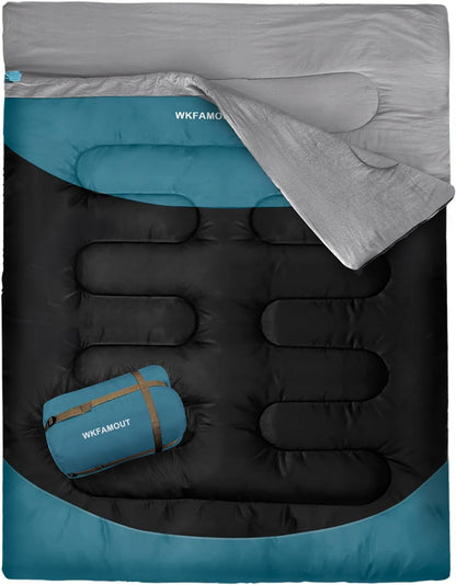 Double Sleeping Bag for Adults Machine Washable 2 Person Camping Sleeping Bag Queen Size Waterproof with Compression Sack for Cold Weather 3-4 Seasons