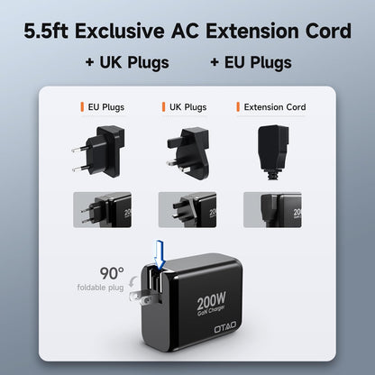 200W USB C Charger Block, 4 Ports GaN Fast Charging Station Wall Charger, PD3.0 PPS 100W QC3.0 65W Power Station Travel Adapter with AC Cord UK/EU Plug for MacBook Pro/Ai/iPhone 15/14/13/ S24