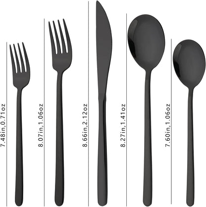 20 Pieces Silverware Set 304 Stainless Steel, Healthy & Eco-Friendly Silver Travel Mirror Polished Black Knife Fork Spoon Salad Fork Dessert Spoon Flatware Set, Service for 4