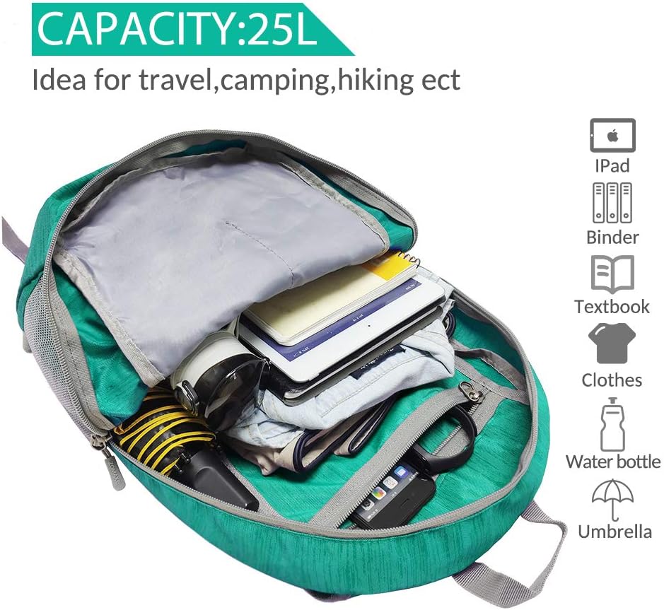 ZOMAKE 25L Ultra Lightweight Packable Backpack, Foldable Hiking Backpacks Water Resistant Small Folding Daypack for Travel(Dark Green)