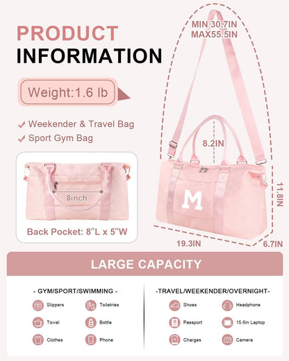 Initial Travel Duffel Bag Sports Gym Bag for Girls Teen Birthday Gifts,Pink Personalized Weekender Bag Carry On Tote Bags for Women Men,Waterproof Overnight Luggage Bag with Trolley Sleeve(Letter M)