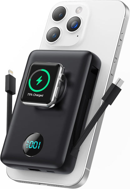 Magnetic Portable Charger for iPhone with Built-in Cables, 6-in-1 10800mAh Power Bank with iWatch Charger & LCD Display,25W PD Fast Charging Battery Pack for Magsafe,iPhone 16/15/14/13/12,Apple Watch