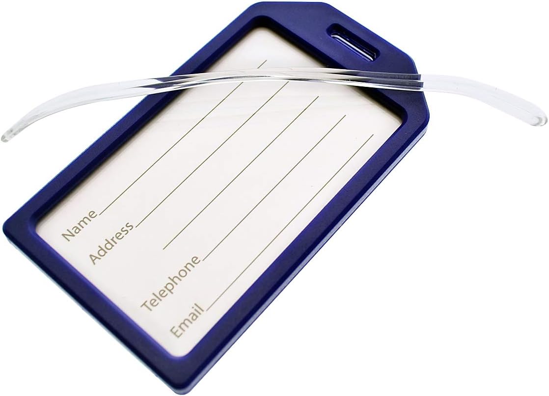 5 Pack of Premium Rigid Airline Luggage Tag Holders with 6" Worm Loops - Heavy Duty Hard Plastic -Suitcase ID Tag Identifiers with Business Card Insert Window by Specialist ID (Navy Blue)