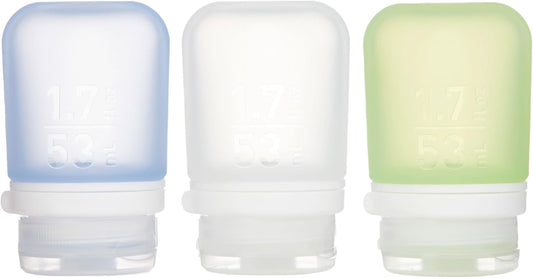 humangear GoToob+ 3-Pack (Small) | Refillable Silicone Travel Bottle | Locking Lid | Food-Safe Material, Clear/Green/Blue, Small (1.7 fl.oz; 53ml)