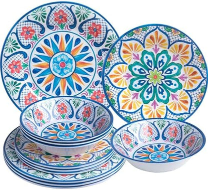 Melamine Dinnerware Sets, 12-Piece Dinner Dishes Set Service for 4