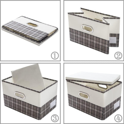 PRANDOM Large Collapsible Storage Bins with Lids [3-Pack] Fabric Foldable Storage Boxes Organizer Containers Baskets Cube with Cover for Home Bedroom Closet Office Gray plaid & Cream(17.7x11.8x11.8)