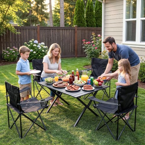 4 Pack Folding Camping Chairs with Table Set, Foldable Portable Lawn Chairs with Carry Bag & Cup Holder, Outdoor Table and Chairs for Camp,Beach, Picnics,and Fishing Supports 300LBS（Black）