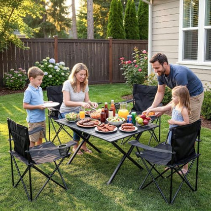 4 Pack Folding Camping Chairs with Table Set, Foldable Portable Lawn Chairs with Carry Bag & Cup Holder, Outdoor Table and Chairs for Camp,Beach, Picnics,and Fishing Supports 300LBS（Black）