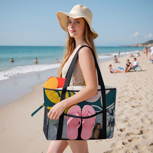 Sandproof Beach Bag with Zipper - 8-Pocket Waterproof Tote for Women & Family | Foldable Travel Swim Bag (Gift-Ready)