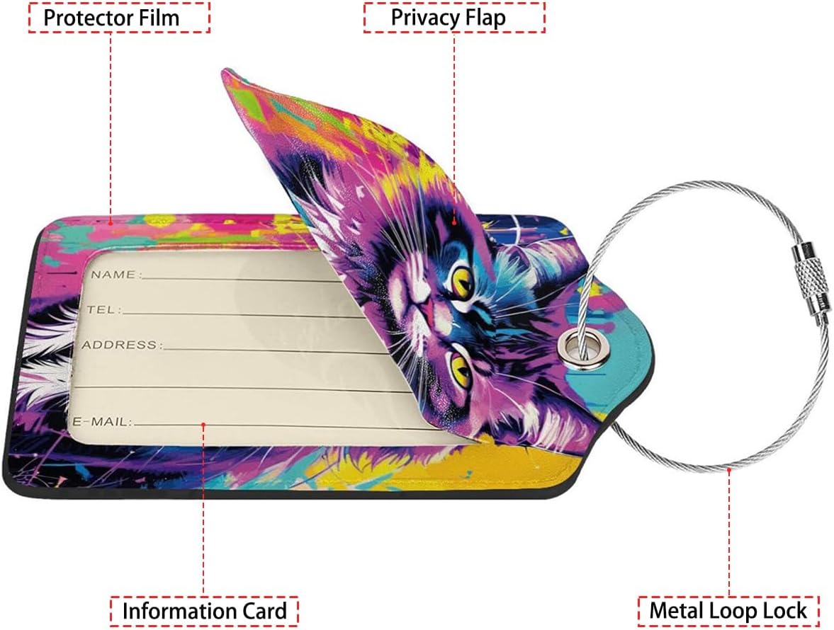 Colorful Cat 2 Pack Luggage Tag for Suitcase, Cute Unique Leather Bag Tags Identifiers Privacy Cover ID Label with Steel Loop for Women Men Kids Girls Travel,