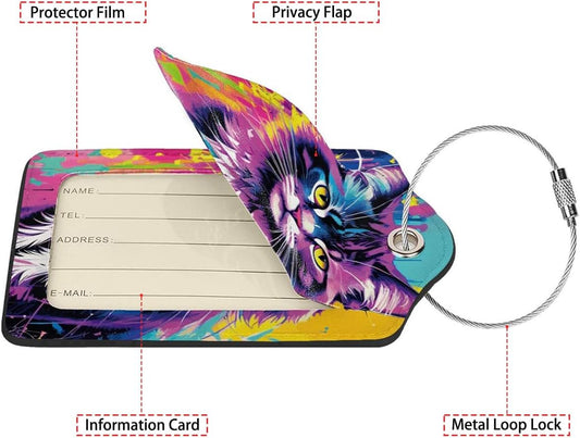 Colorful Cat 2 Pack Luggage Tag for Suitcase, Cute Unique Leather Bag Tags Identifiers Privacy Cover ID Label with Steel Loop for Women Men Kids Girls Travel,