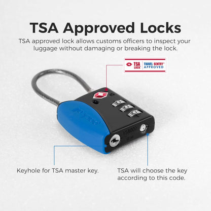 pack all TSA Approved Cable Luggage Locks, 3 Digit Combination Padlocks, Travel Lock for Suitcases & Bag, Alloy Body, Travel Accessories (4 Pack)（Navy）