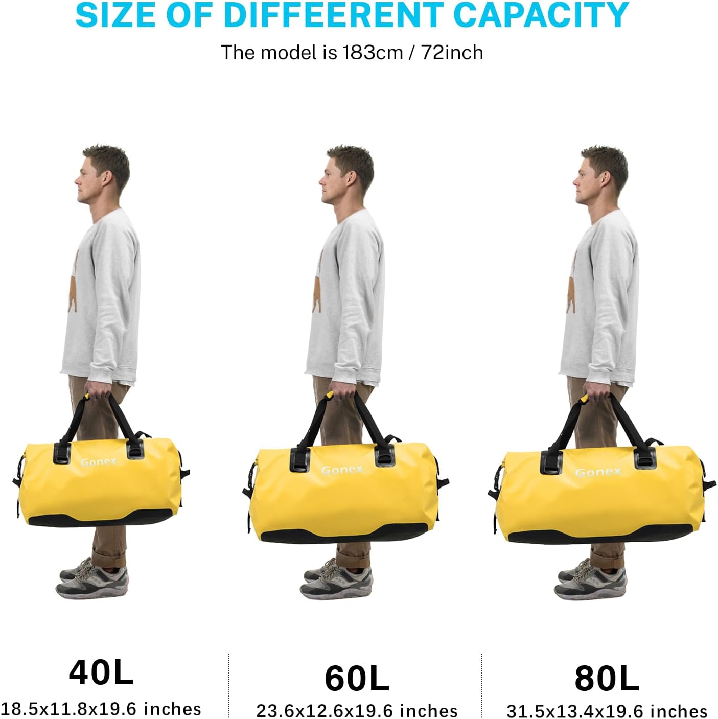 Gonex 40L 60L 80L Extra Large Waterproof Duffle Travel Dry Duffel Bag Heavy Duty Bag with Durable Straps & Handles for Kayaking Paddleboarding Boating Rafting Fishing