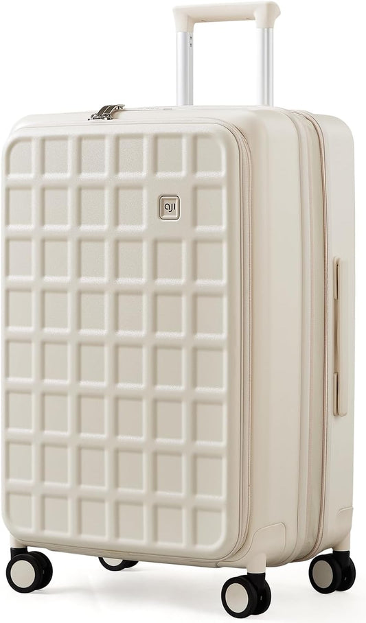 aji Expandable Top Opening 24 Inch Checked Luggage with Spinner Wheels, Large Suitcase with TSA Lock, Hard Shell Travel luggage Suitcases for Men Women, for 12+Days Travel, Coconut White