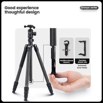 Fotopro Carbon Fiber Tripod 64 Inch 360 Degree Ball Head Quick Release Plate Camera Tripod Compatible with Canon Nikon Sony DSLR Camcorder, Black
