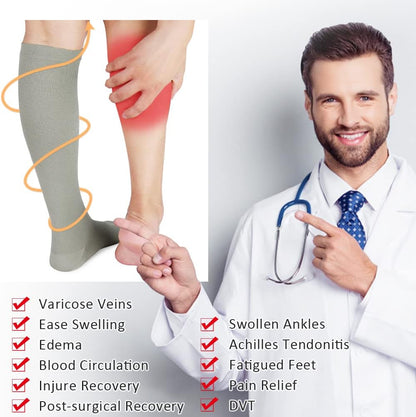 CASMON 2 Pairs Zipper Compression Socks for Women & Men, 15-20 mmHg Closed Toe Knee High Support Sock with Zipper for Varicose Vein Edema