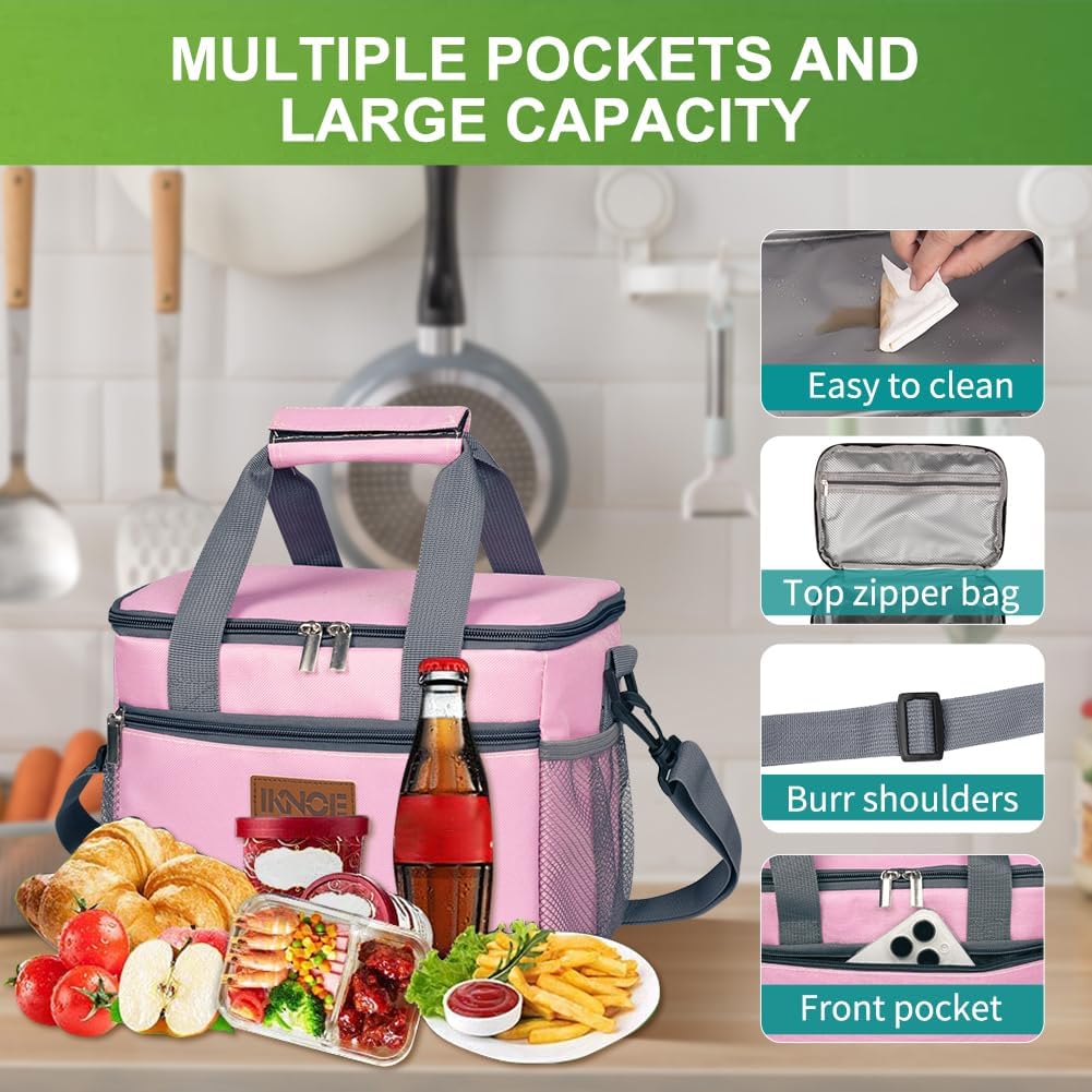 iknoe Large Foldable Cooler Bag, 8.5L Insulated Lunch Bag, Leakproof Lunch Cooler Tote with Multi-Bag Design Suitable for Beach, Picnic and Office Use, Pink 15-Can