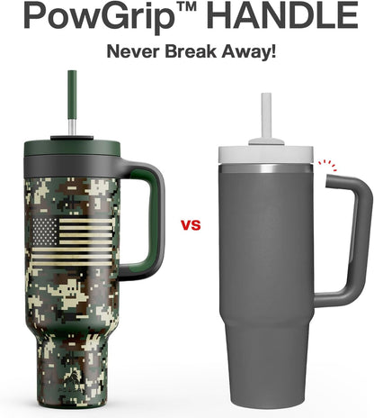 50 oz Camo Tumbler with Handle, 2-in-1 Straw and Sip Lid, Leakproof, Dishwasher Safe, Insulated Stainless Steel Travel Coffee Mug, Keeps Cold for 34 Hours, Fits in Car Cupholder (Woodland Flag)