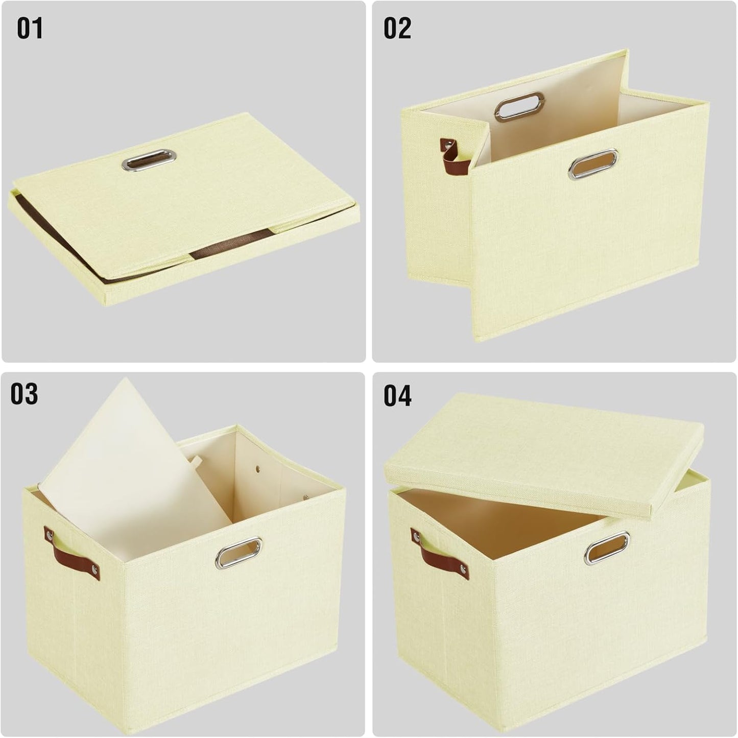 17" Large Collapsible Storage Bins with Lids, Stackable Closet Organizers with PU Handle and Labels, 3-Pack Decorative Fabric Storage Boxes for Home, Bedroom, Closet, Office, Nursery(Beige)