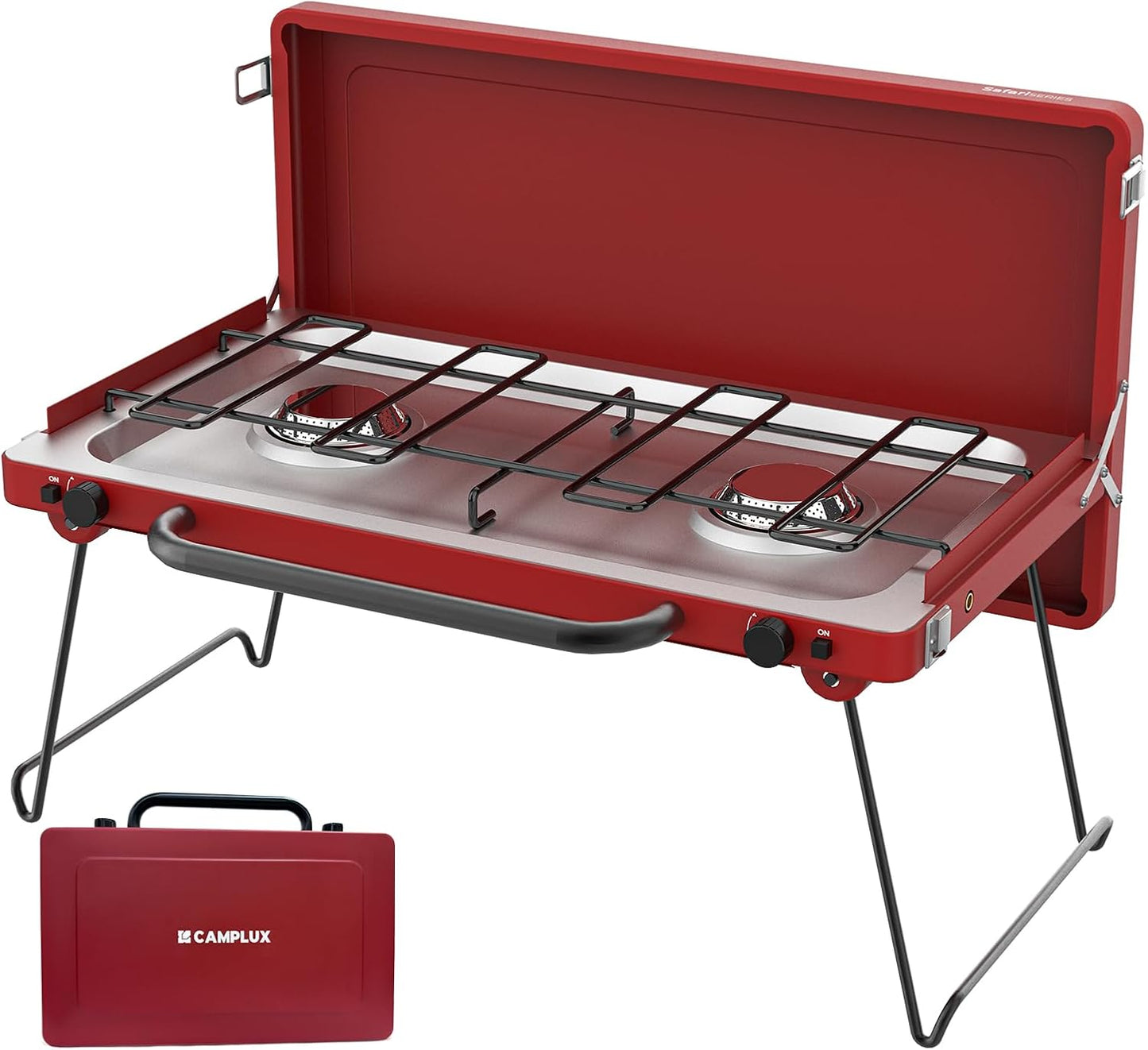 CAMPLUX Safari 2 Burner Propane Camping Stove 20,000 BTU, Portable 2 Burner Propane Camping Grill Stove with Foldable Legs, Push-Button Ignition, CSA Certified Regulator & Hose for Outdoor Cooking