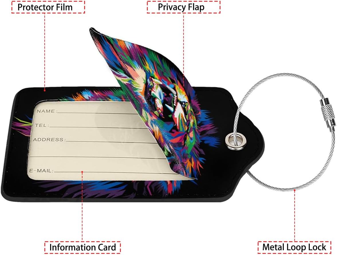Colorful Lion's Roar Luggage Tags for Suitcases,2 Pack Luggage Tag, Leather Stainless Steel Loop Label Tag for Women Girl Travel Bag Suitcase