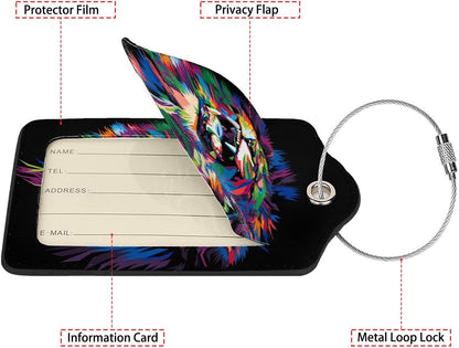 Colorful Lion's Roar Luggage Tags for Suitcases,2 Pack Luggage Tag, Leather Stainless Steel Loop Label Tag for Women Girl Travel Bag Suitcase