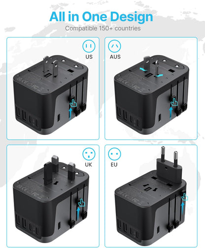 Universal Travel Adapter, VINTAR International Power Adapter with 6A 3 USB C and 2 USB Ports, All in One Travel Essentials Plug Adapter, Worldwide Outlet Converter for Europe UK USA AUS(Type C/G/A/I)