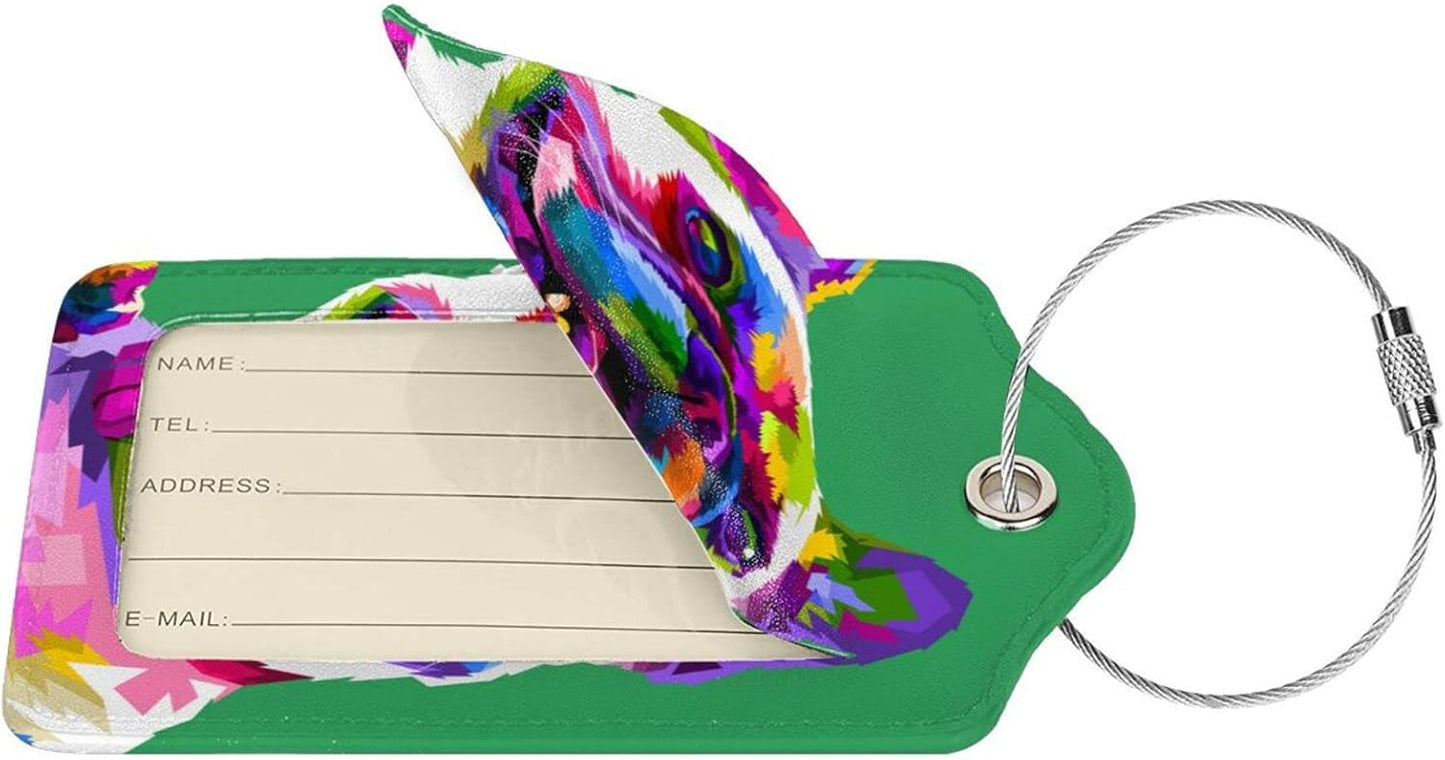 Cute French Bull Dog Luggage Tags for Boys Girls Adults, Set of 2 Stylish Art Colors Animal on Green Background Leather Stainless Steel Loop Label Tag for Travel Bag Suitcase