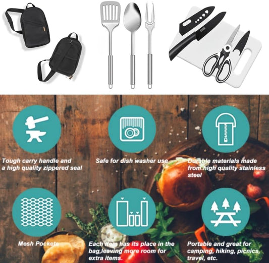 12 Pcs Camping Kitchen Utensil Set Outdoor Kitchen Gear, Outdoor Cooking and Grilling Utensil Travel Set Perfect for Camping Accessories Cooking, RV Camp. Camping, BBQs, Parties and More
