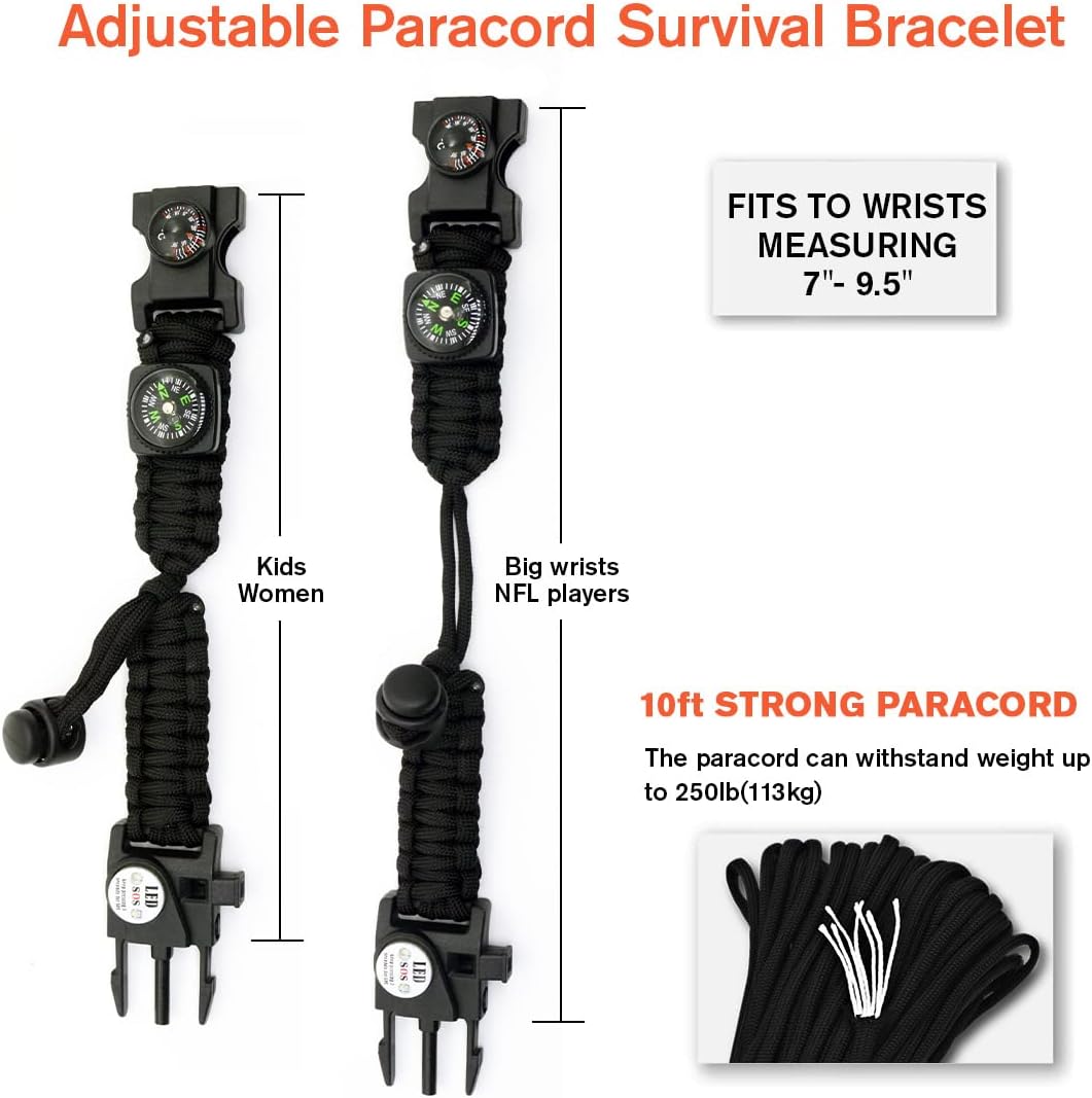 20 in 1 Survival Paracord Bracelet Adjustable Gear Kit with SOS LED Light, Fire Starter, Bigger Compass, Survival Whistle, Perfect for Camping, Hiking, Fishing