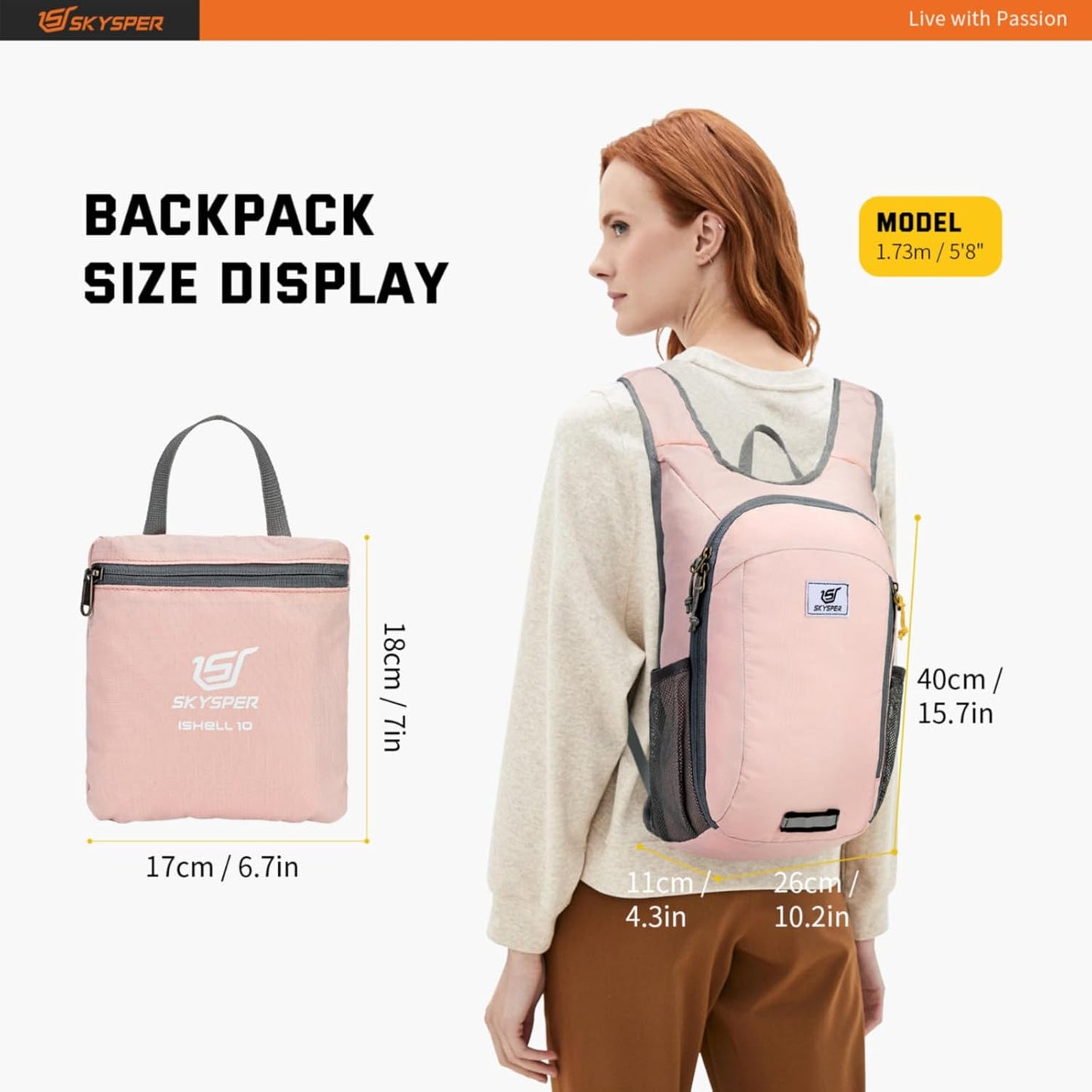 SKYSPER Small Daypack 10L Hiking Backpack Packable Lightweight Travel Day Pack for Women Men