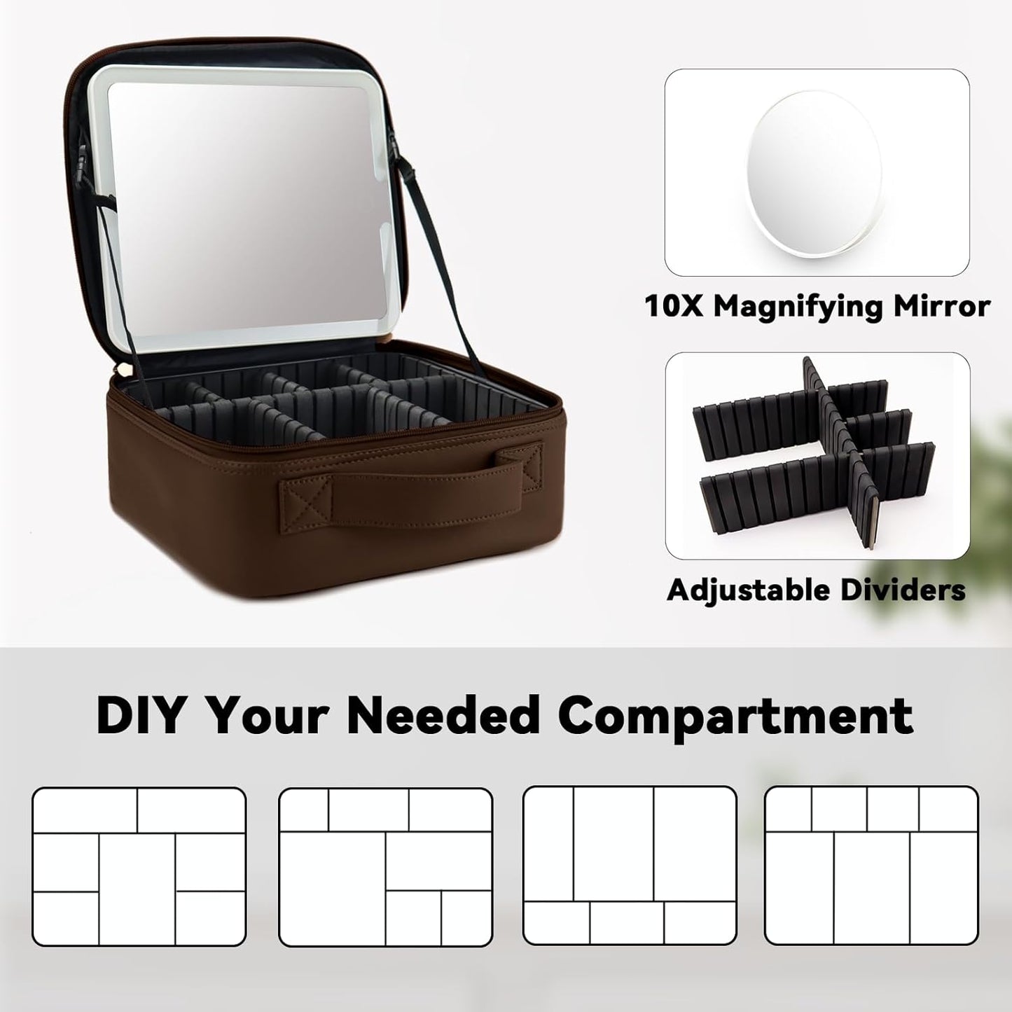 Travel Makeup Bag with LED Mirror and 10x magnifying glass with 3 Lighted Settings, Adjustable Dividers and Makeup Brush Storage Bag Mocha