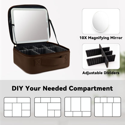 Travel Makeup Bag with LED Mirror and 10x magnifying glass with 3 Lighted Settings, Adjustable Dividers and Makeup Brush Storage Bag Mocha
