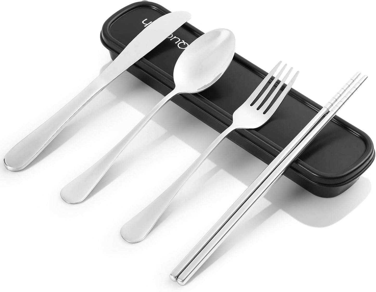Travel Utensils with Case, Quatish Portable Silverware Set for Work, Stainless Steel Reusable Travel Cutlery Set, Fork and Spoon Set for Picnic, Camping, Gadgets, Lunch Box for Men, Silver