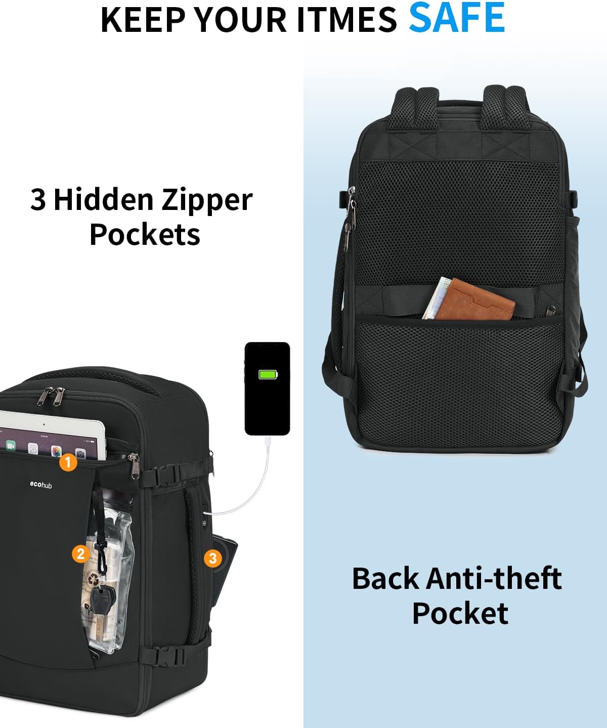 ECOHUB Travel Backpack for Men Women, Carry on Backpack with USB Charging Hole, Spirit Airlines Personal Item Bag Flight Approved, 15.6 Inch Laptop Backpack with Anti Theft Pockets, 30L, Black