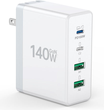 140W Mac Book Pro Charger,4 Port Flat Charging Station for Apple Type c Fast Wall Charger,USB C Port MacBook Pro &MacBook Air Adapter Plug Block for iPhone 16/15/14/13Pro Max, iPad, AirPods 4,Samsung