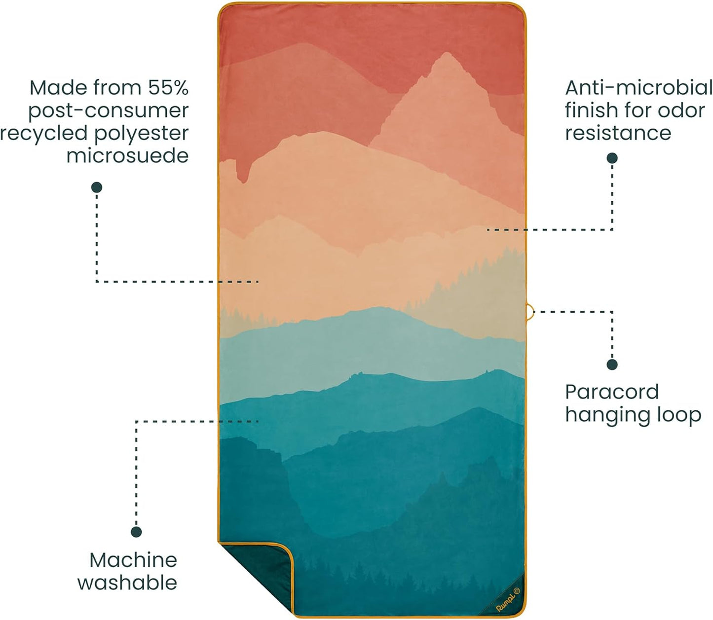 Rumpl Tech Towel Quick-Dry Towel for Travel, Beach, and Camp, Rocky Mountain Sunset Fade