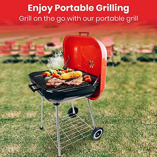 Alpine Cuisine 22x25 Inch Portable Charcoal BBQ Grill with Wheels, Heavy-Duty Outdoor Grilling for Patio, Tailgating & Camping - Red