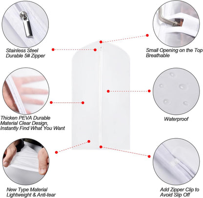 Garment Bag Covers 24''X54'' Lightweight White PEVA Breathable Bags (Pack of 6) with Study Full Zipper for Closet Clothes Storag (24''X55'', White)