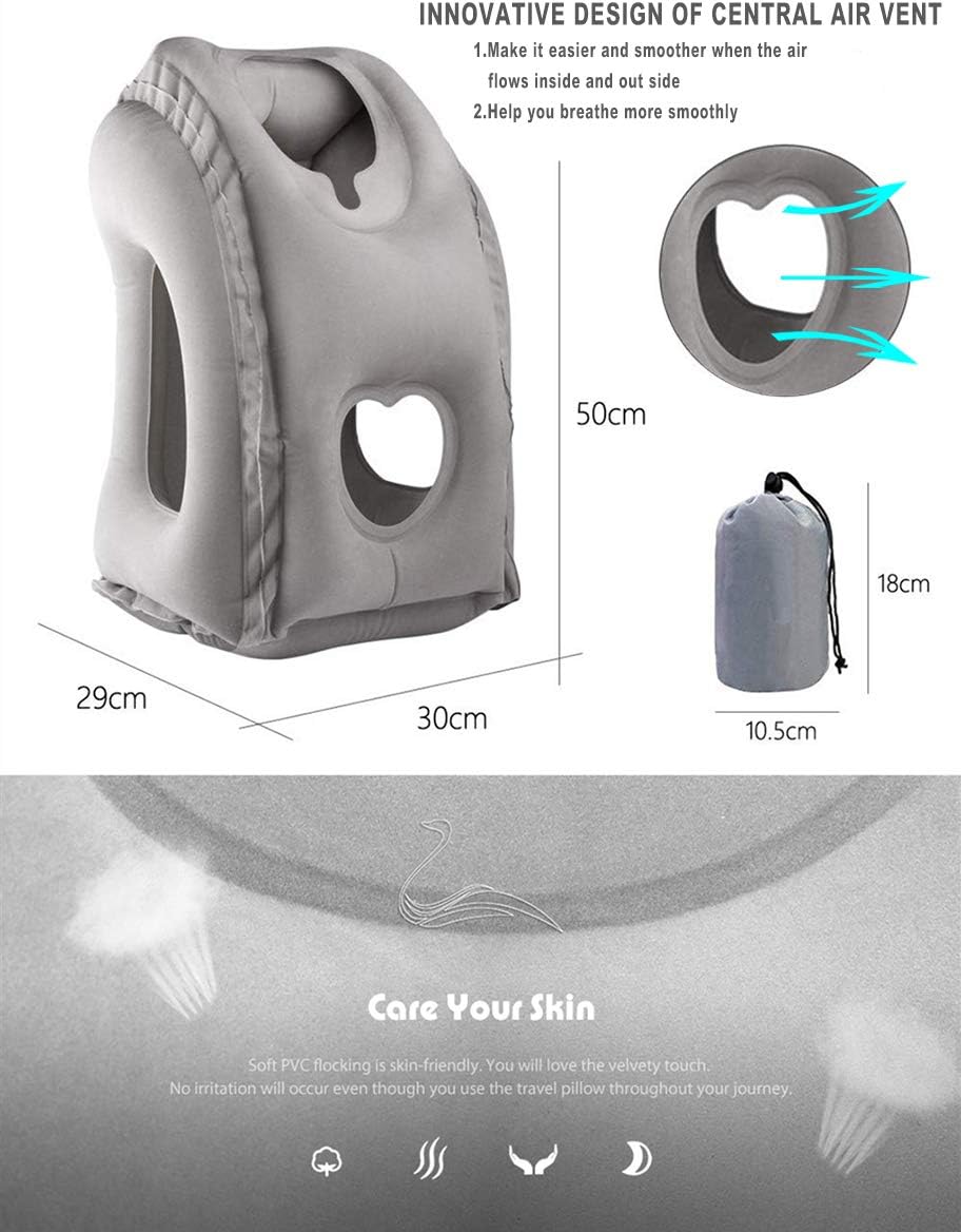 Inflatable Travel Air Pillow for Sleeping to Avoid Neck and Shoulder Pain, Comfortably Support Head and Lumbar, Used for Airplane, Car, Bus and Office (Grey)