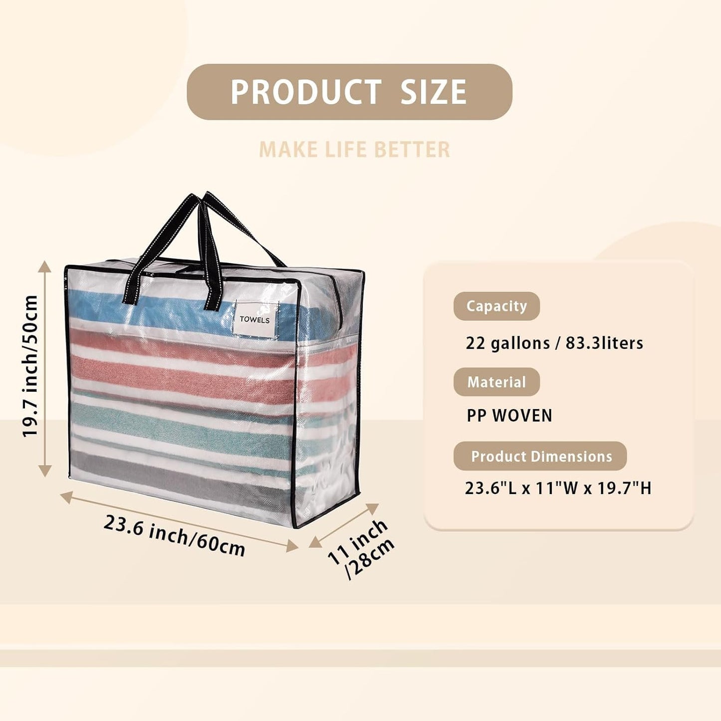 VENO 4 Pack Heavy Duty Moving Bags, Storage Bags, Packing Supplies, Top Zipper, Storage Totes for Camping, Clothes, Bedding, Comforters, Pillows (22 Gallon Clear, 4 Pack)