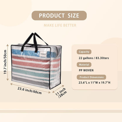VENO 4 Pack Heavy Duty Moving Bags, Storage Bags, Packing Supplies, Top Zipper, Storage Totes for Camping, Clothes, Bedding, Comforters, Pillows (22 Gallon Clear, 4 Pack)