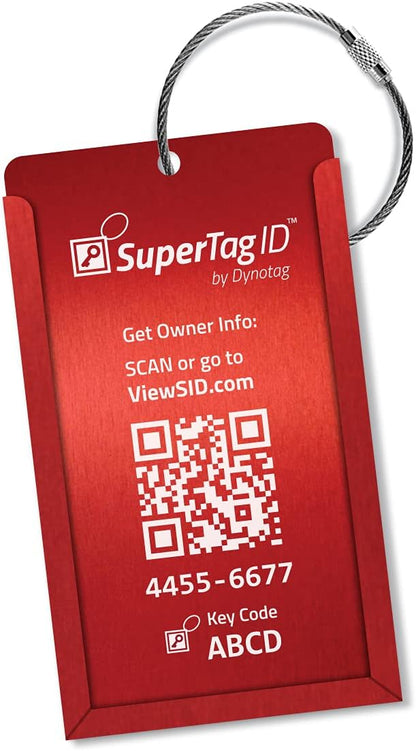 Dynotag® Web Enabled Smart Aluminum Convertible Luggage ID Tag + Braided Steel Loop, with DynoIQ™ & Lifetime Recovery Service (Ruby Red)