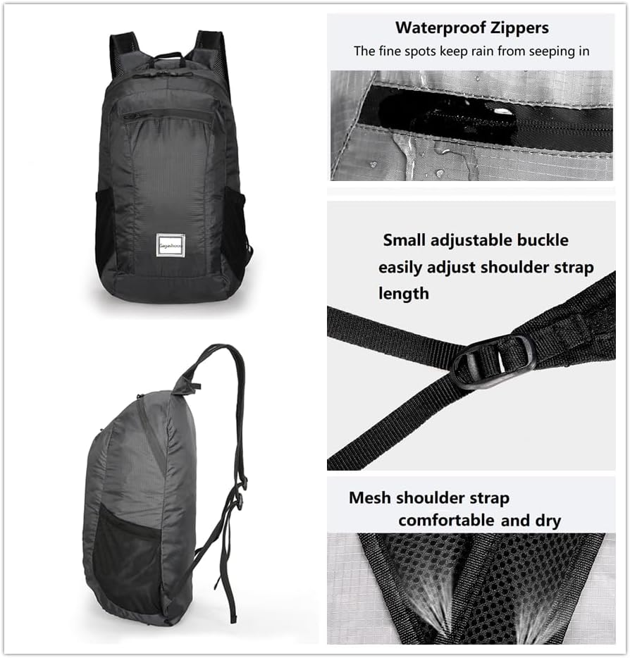 Small Foldable Hiking Daypack Packble Skin Casual Backpack Camping Cycling Travel Outdoor Day Bags Useful (Black)