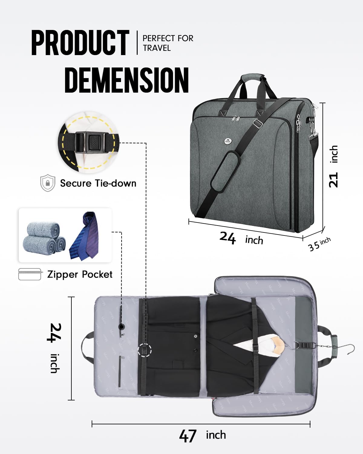 MATEIN Travel Garment Bag, Double Layer Folding Suit Bag with Adjustable Strap for Business Trips, Large Waterproof Wrinkle Free 2 in 1 Hanging Suitcase Cover Luggage for Shirts Dresses Coats, Grey