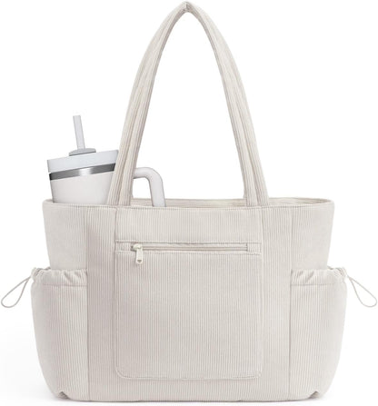 ECOHUB Tote Bag for Women, Work Tote Bags with Laptop Compartment, Large Corduroy Tote Bag with Stanley Cup Holder