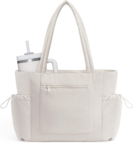 ECOHUB Tote Bag for Women, Work Tote Bags with Laptop Compartment, Large Corduroy Tote Bag with Stanley Cup Holder
