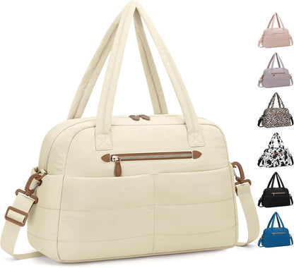 Travel Duffle Bag,Puffer Carry On Duffel Bag with Laptop Compartment Waterproof Overnight Weekender Bags for Women Large Hospital Tote Bags for Labor and Delivery(Medium,Beige）