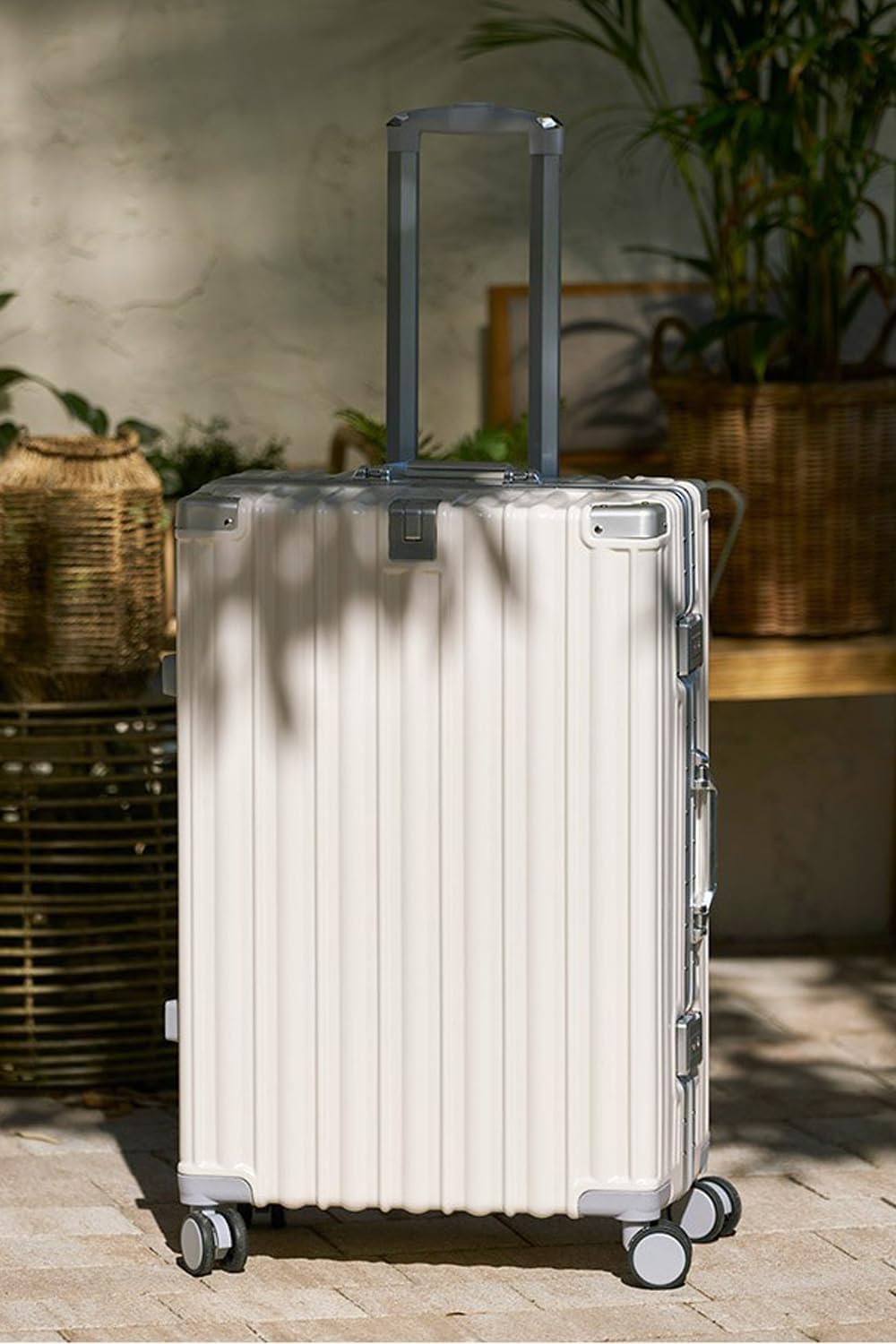 HotWay 26 Inch Aluminum Frame Luggage with Spinner Wheels, PC Hard Shell Suitcase with Cup Holder, Zipperless Luggage for Business Travel, White