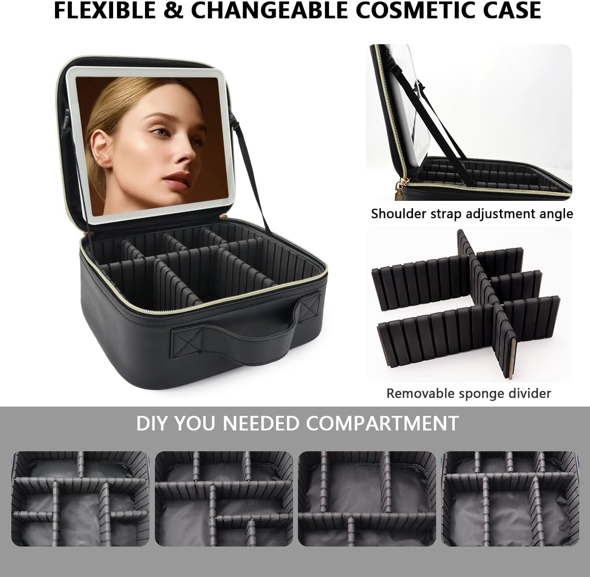 Travel Makeup Bag for Makeup Artists Large Makeup Case,with Mirror 3 Color Setting and Jewelry box Travel Makeup Bag,Portable Storage and Adjustable Dividers（black）
